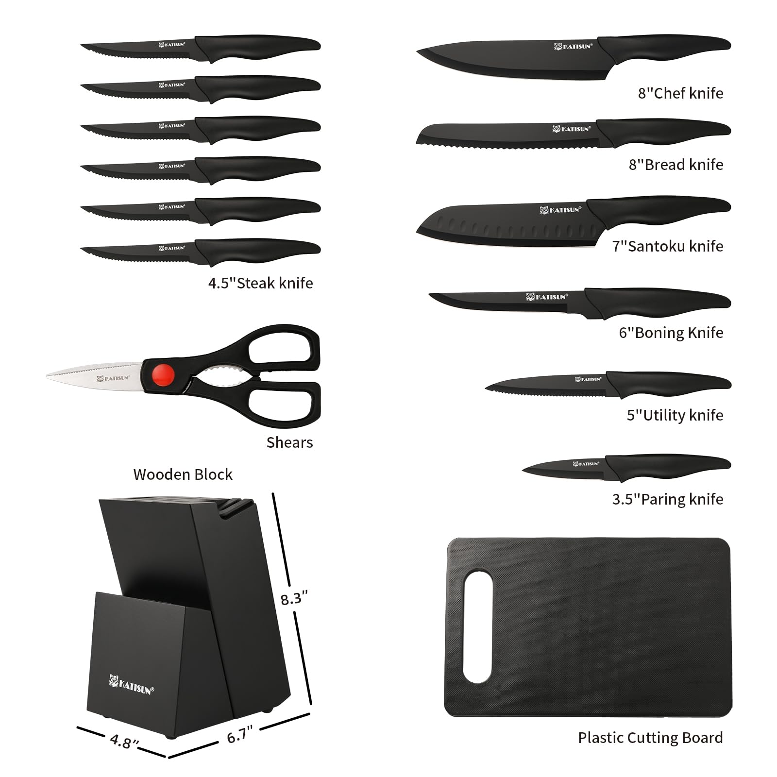 16 Pieces Kitchen Knife Block Set With Cutting Board, German Stainless Steel Knife Set With Sharpener, Dishwasher Safe, Anti-Slip Handle, 6 Steak Knives, Black