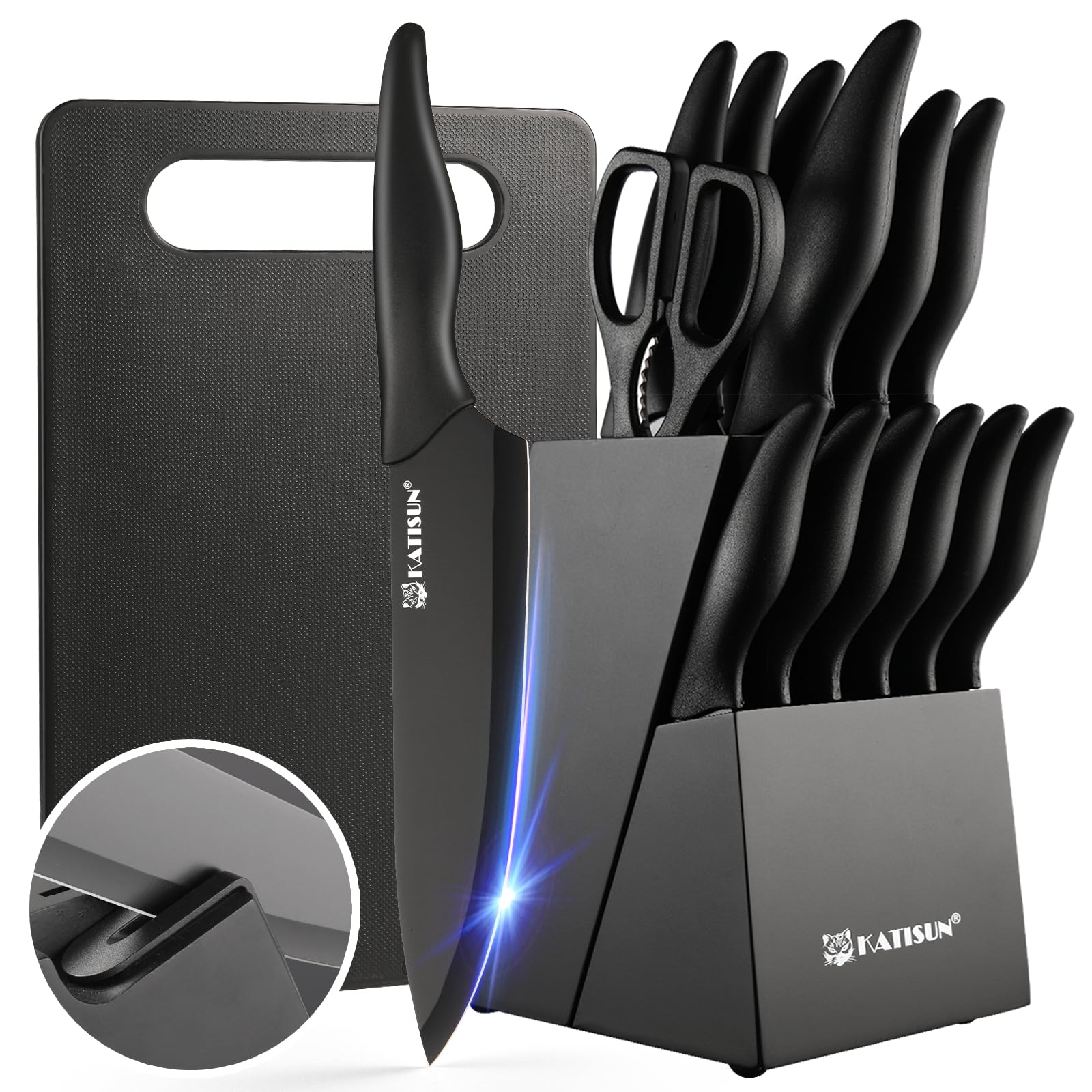16 Pieces Kitchen Knife Block Set With Cutting Board, German Stainless Steel Knife Set With Sharpener, Dishwasher Safe, Anti-Slip Handle, 6 Steak Knives, Black